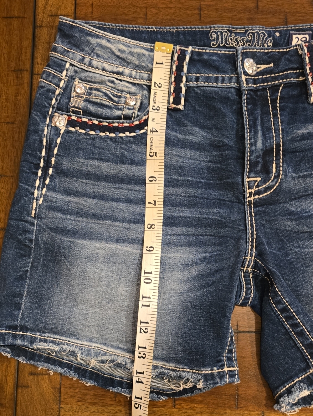 Miss Me Distressed Blue Denim Shorts with Braided Trim - Picture 3 of 8